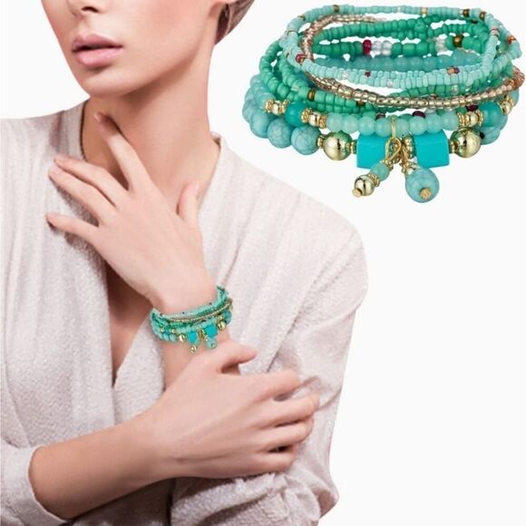 Stackable Bead Bracelets Ladies Stretch Multilayer Bracelet Set Turquois… - Picture 3 of 4